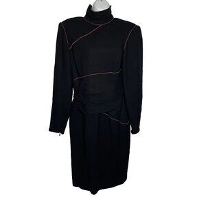 Vintage 80s Emanuel Ungaro Knit Dress Size 12 Black Silk Wool Piping Structured